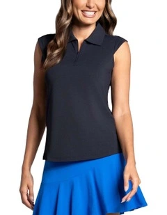 Ibkul Solid Sleeveless Zip Golf Polo Shirt in Black