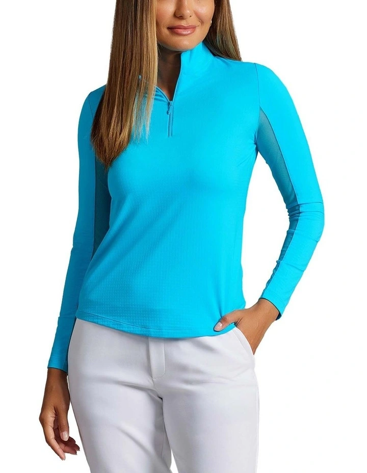 Ibkul Solid Long Sleeve Zip Mock Neck Shirt in Turquoise image 1