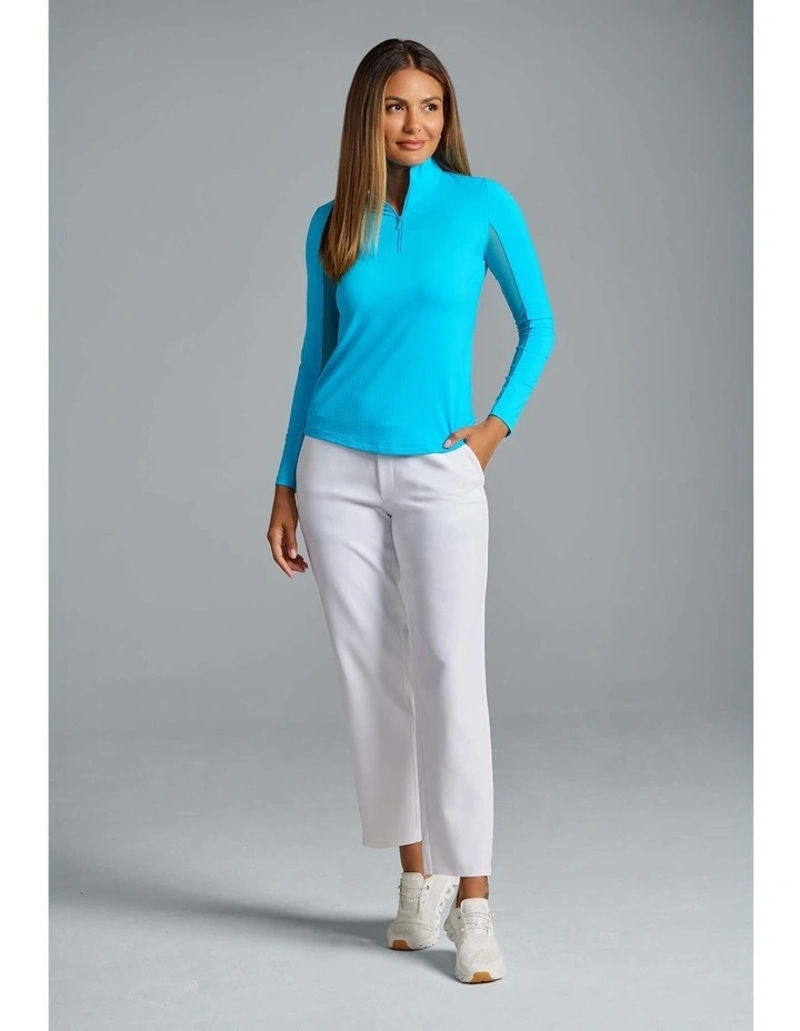 Ibkul Solid Long Sleeve Zip Mock Neck Shirt in Turquoise image 3