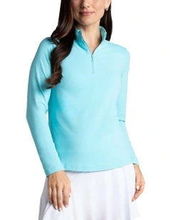 Ibkul Solid Long Sleeve Zip Mock Neck Shirt in Seafoam