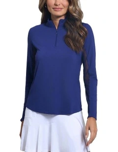 Ibkul Solid Long Sleeve Zip Mock Neck Shirt in Navy