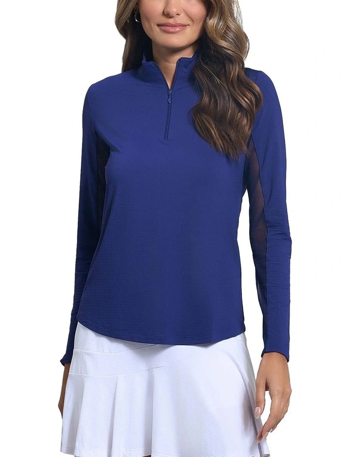 Ibkul Solid Long Sleeve Zip Mock Neck Shirt in Navy image 1