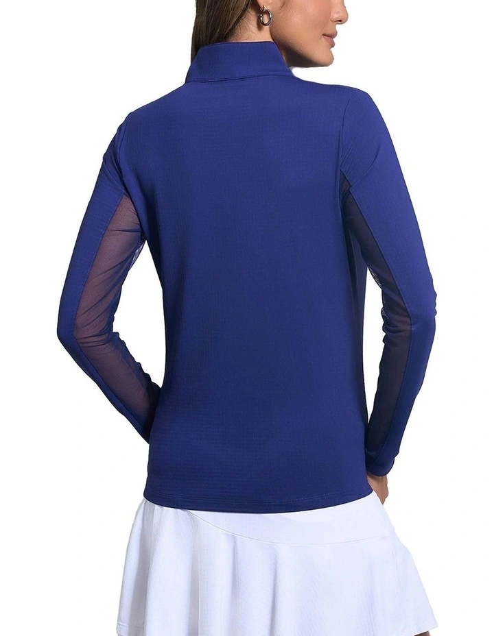 Ibkul Solid Long Sleeve Zip Mock Neck Shirt in Navy image 2