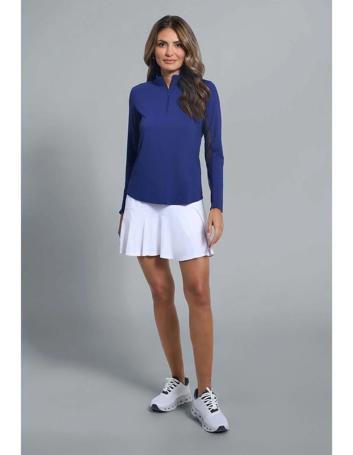 Ibkul Solid Long Sleeve Zip Mock Neck Shirt in Navy image 3