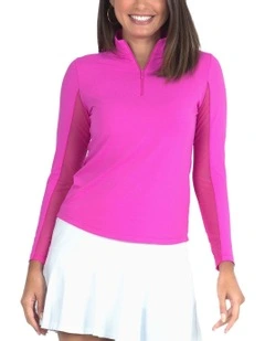 Ibkul Solid Long Sleeve Zip Mock Neck Shirt in Hot Pink