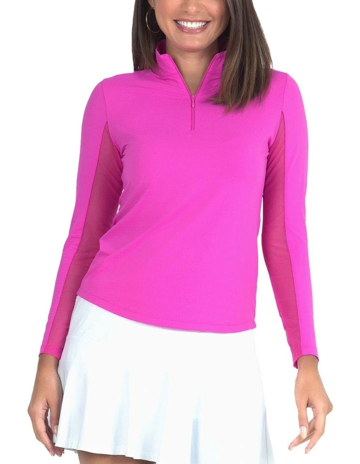 Ibkul Solid Long Sleeve Zip Mock Neck Shirt in Hot Pink image 1