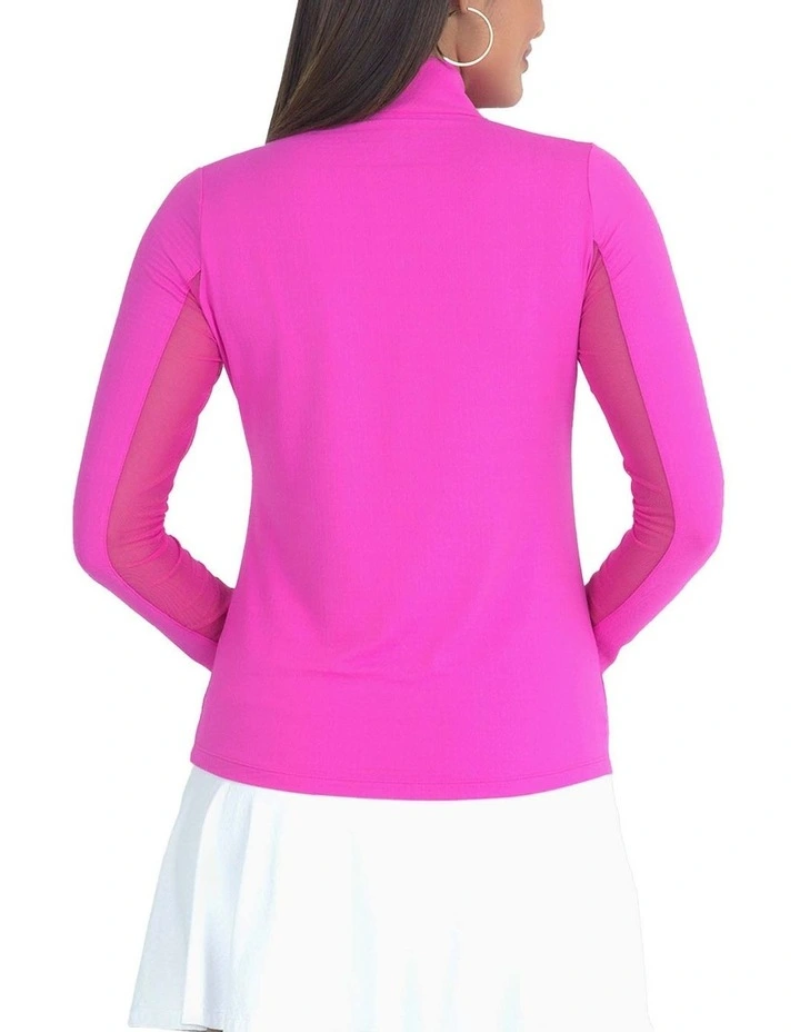 Ibkul Solid Long Sleeve Zip Mock Neck Shirt in Hot Pink image 2