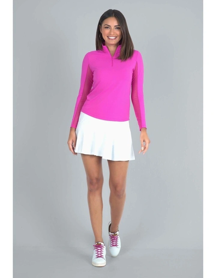 Ibkul Solid Long Sleeve Zip Mock Neck Shirt in Hot Pink image 3