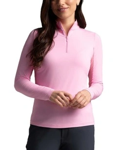Ibkul Solid Long Sleeve Zip Mock Neck Shirt in Candy Pink