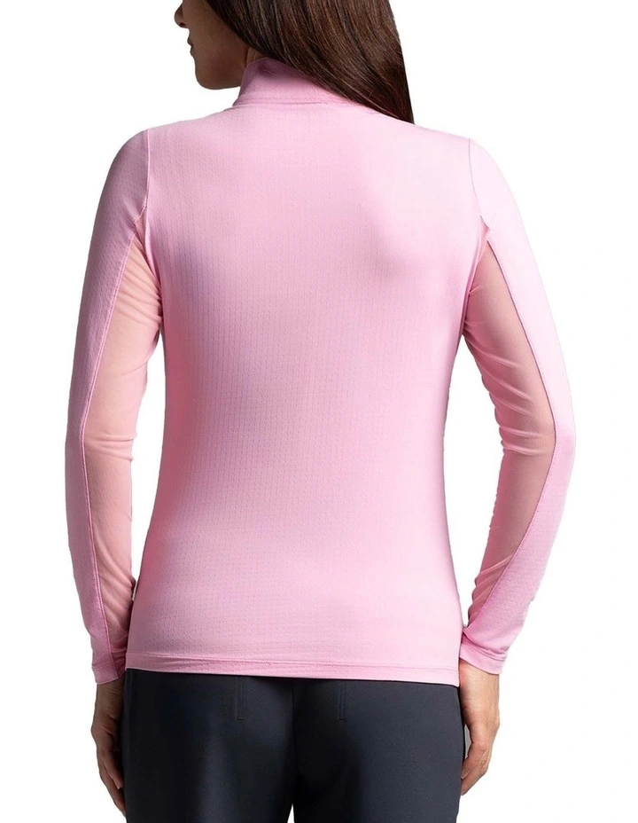 Ibkul Solid Long Sleeve Zip Mock Neck Shirt in Candy Pink image 2