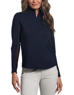 Ibkul Solid Long Sleeve Zip Mock Neck Shirt in Black