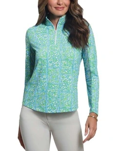 Ibkul Josie Long Sleeve Zip Mock Neck Shirt in Turquoise/Lime