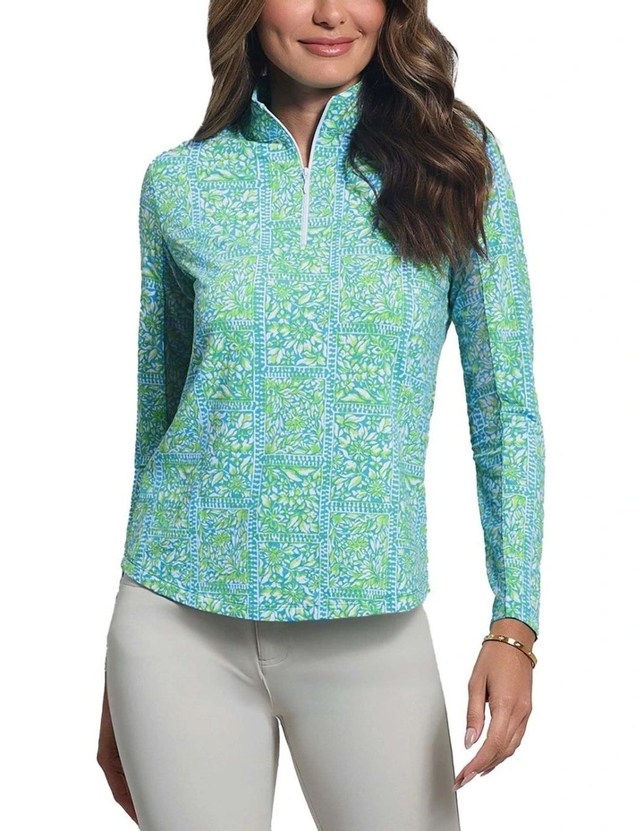 Ibkul Josie Long Sleeve Zip Mock Neck Shirt in Turquoise/Lime image 1