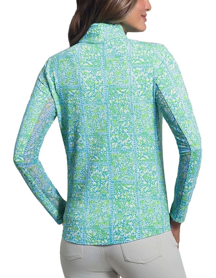 Ibkul Josie Long Sleeve Zip Mock Neck Shirt in Turquoise/Lime image 2