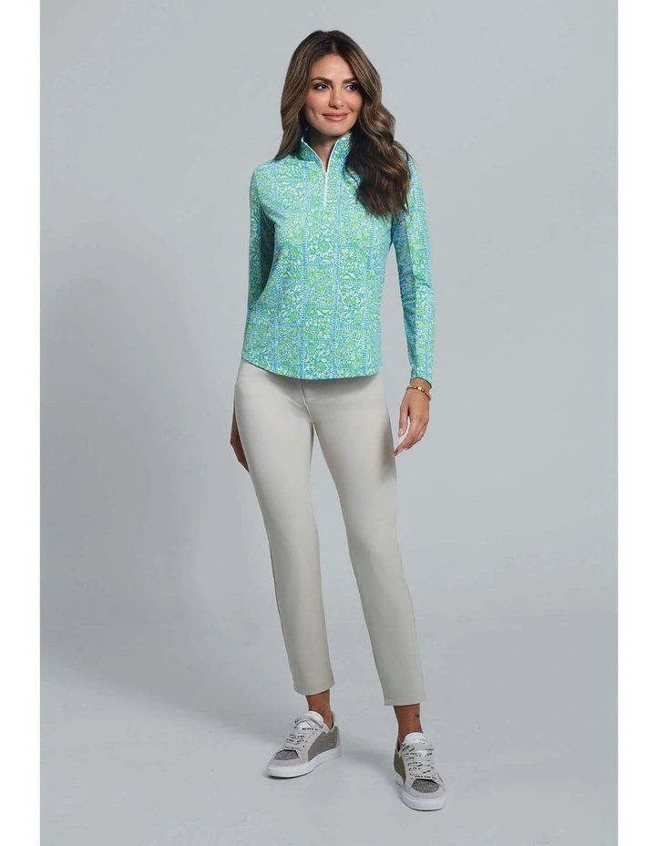 Ibkul Josie Long Sleeve Zip Mock Neck Shirt in Turquoise/Lime image 3