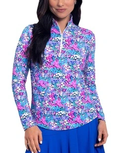 Ibkul Allana Long Sleeve Zip Mock Neck Shirt in Candy Pink Multi