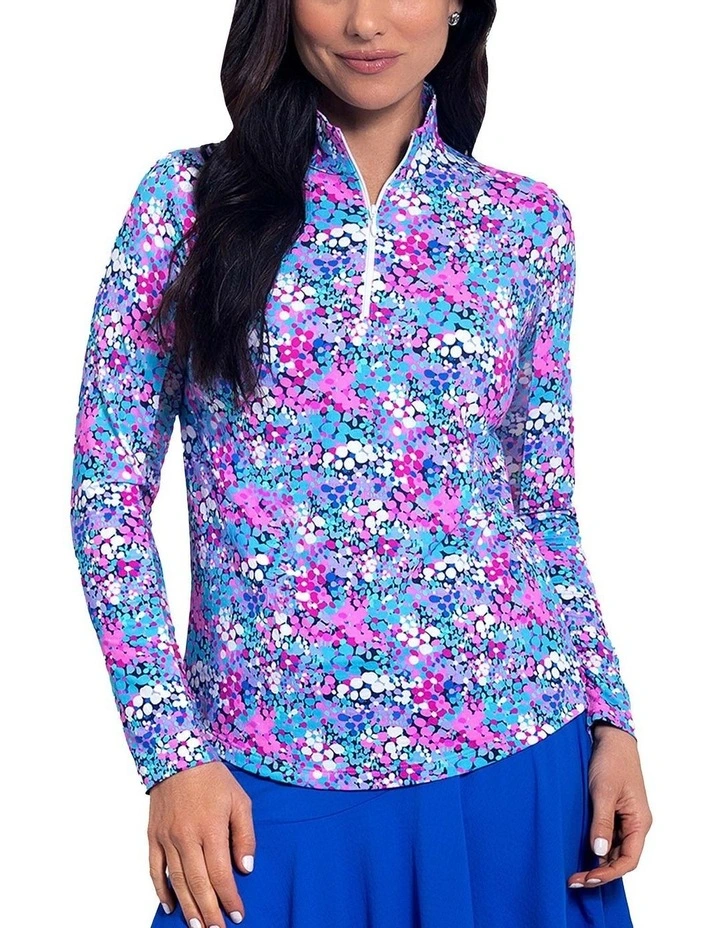 Ibkul Allana Long Sleeve Zip Mock Neck Shirt in Candy Pink Multi image 1