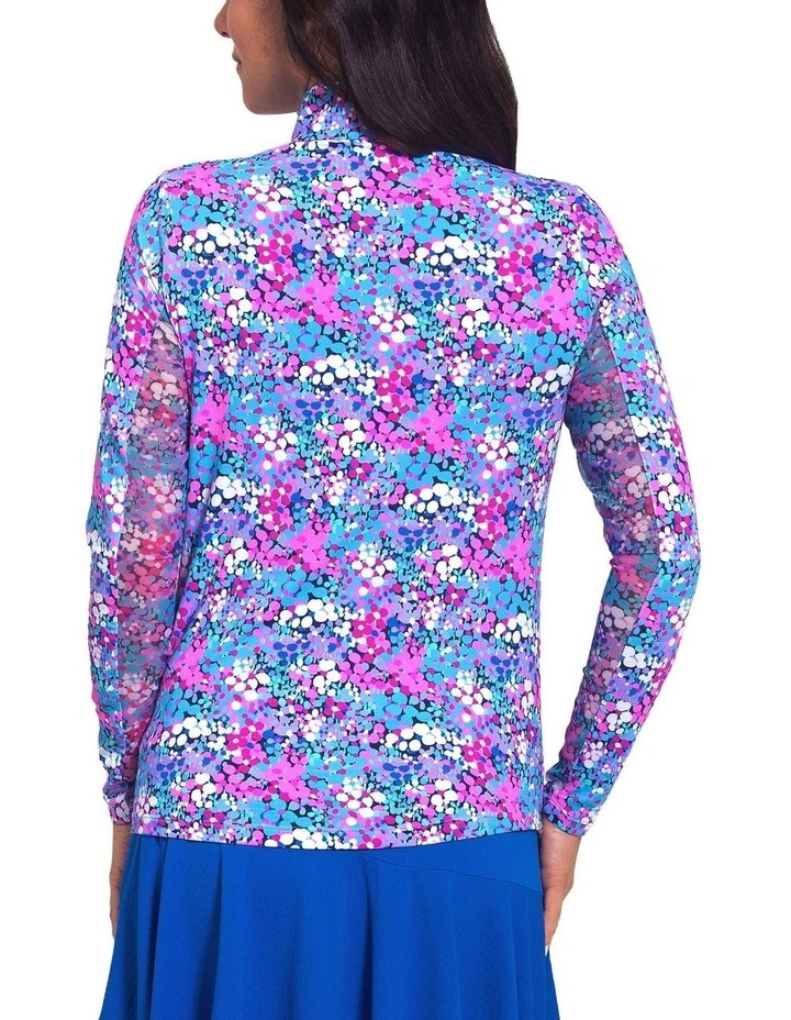 Ibkul Allana Long Sleeve Zip Mock Neck Shirt in Candy Pink Multi image 2