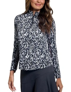 Ibkul Karen Long Sleeve Zip Mock Neck Shirt in Black/Grey