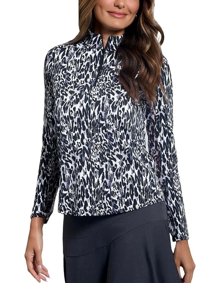 Ibkul Karen Long Sleeve Zip Mock Neck Shirt in Black/Grey image 1