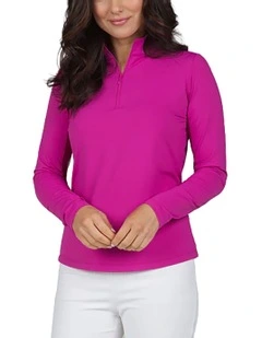 Solid Long Sleeve Zip Mock Neck Shirt in Raspberry