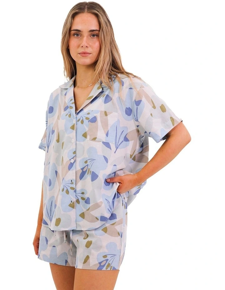 Floral Linen Pyjama Set in Blue image 2