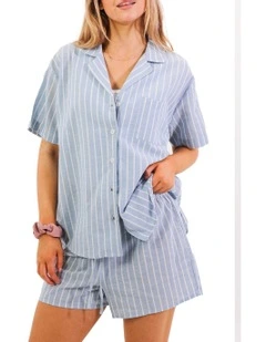 Stripe Linen Pyjama Set in Blue