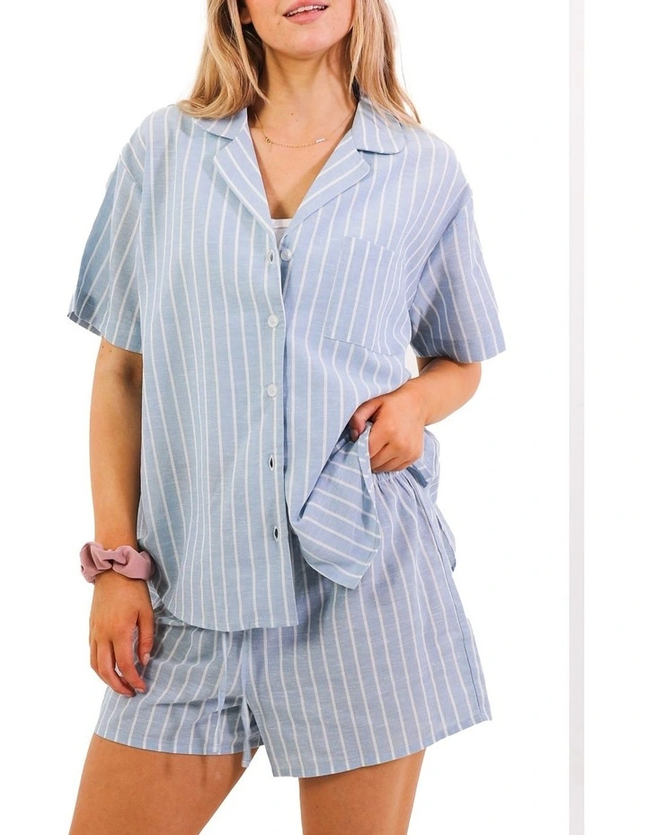 Stripe Linen Pyjama Set in Blue image 1