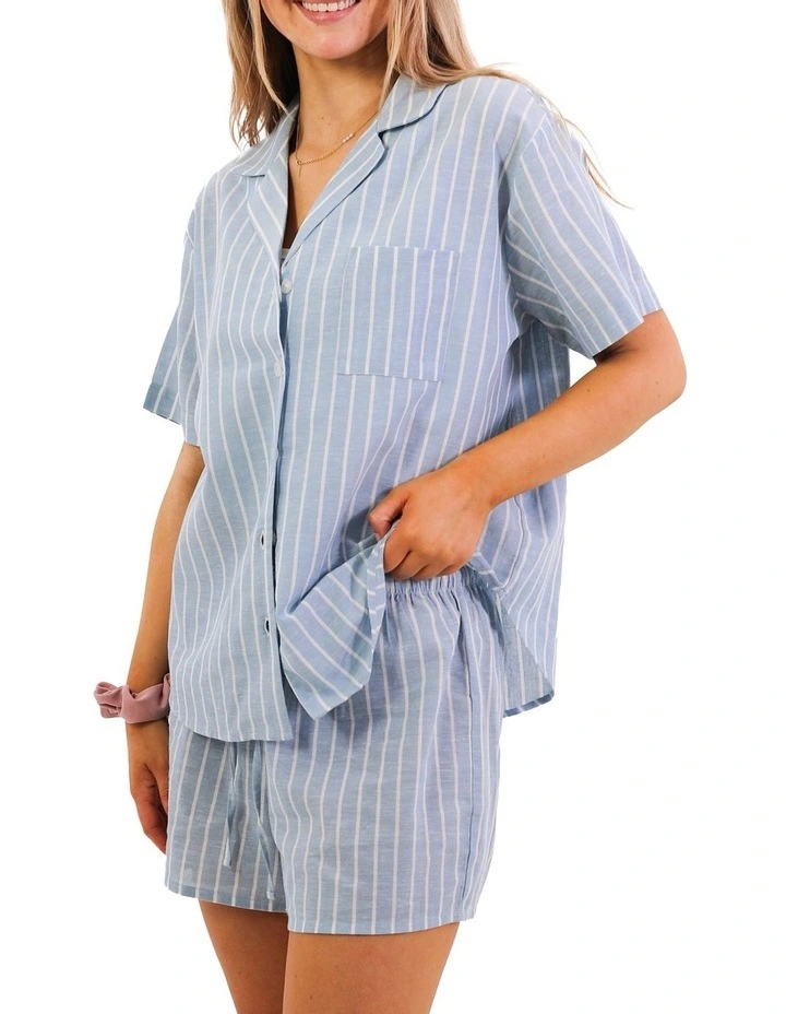 Stripe Linen Pyjama Set in Blue image 3
