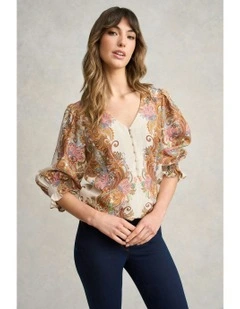Paisley Border Print Blouse in Cream Paisley Border