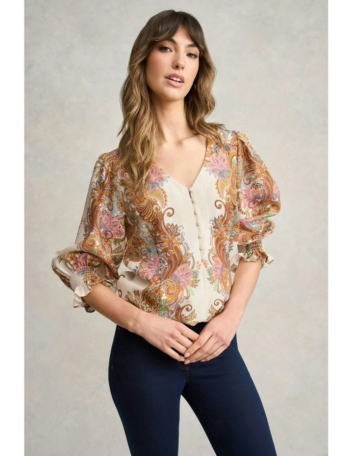 Paisley Border Print Blouse in Cream Paisley Border image 1