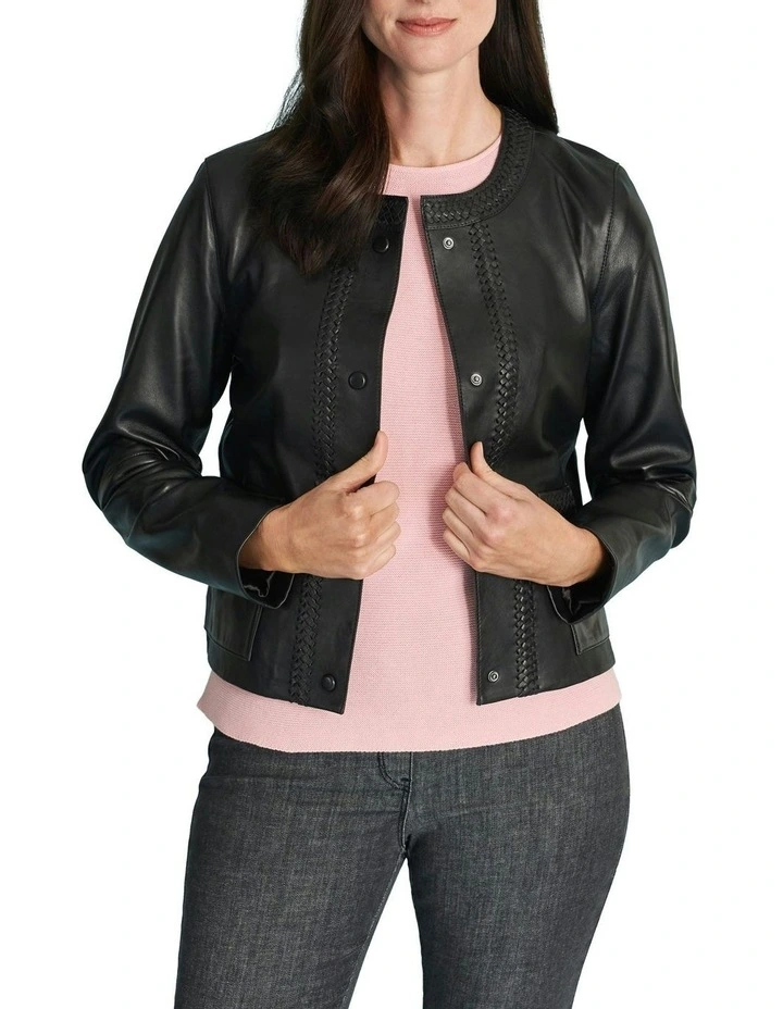 Braid Detail Leather Jacket in Black image 1