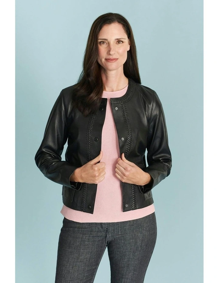 Braid Detail Leather Jacket in Black image 1