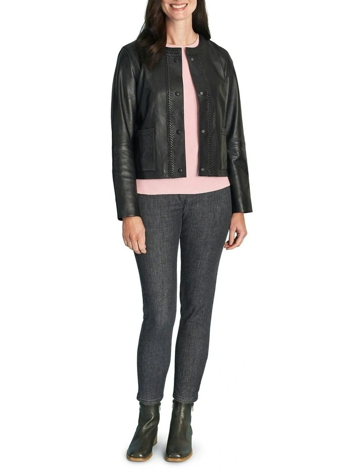 Braid Detail Leather Jacket in Black image 2
