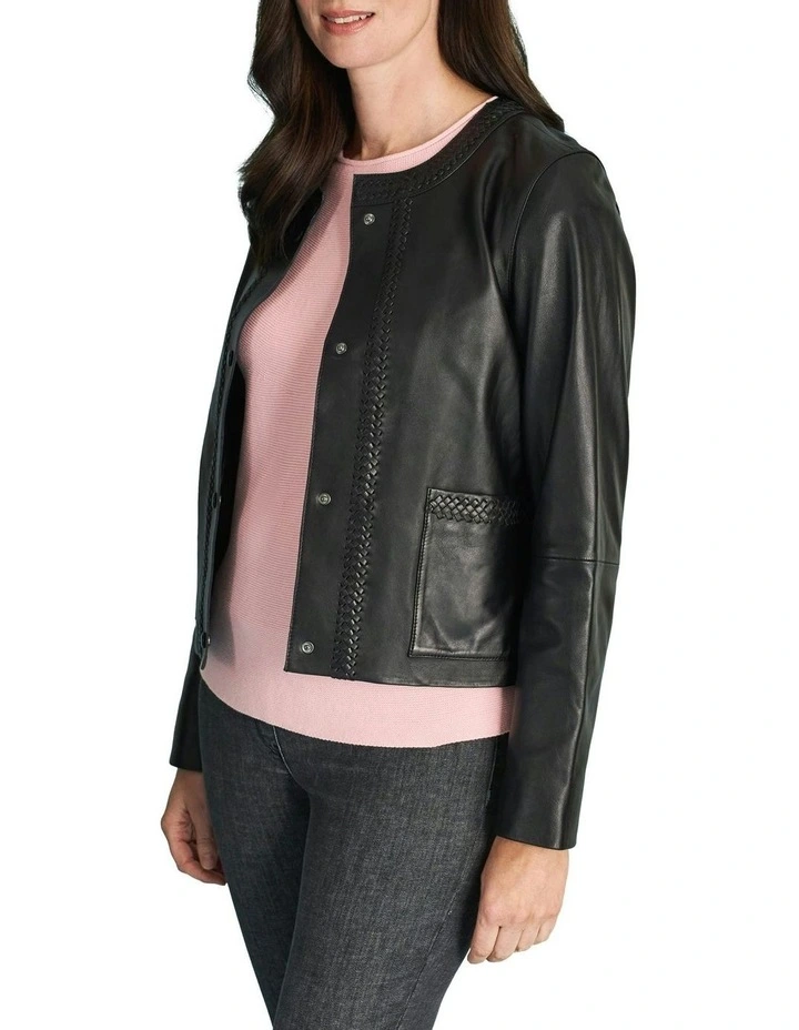 Braid Detail Leather Jacket in Black image 3