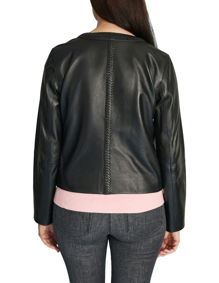 Braid Detail Leather Jacket in Black image 4