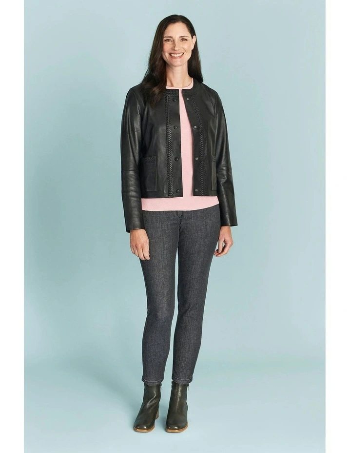 Braid Detail Leather Jacket in Black image 4