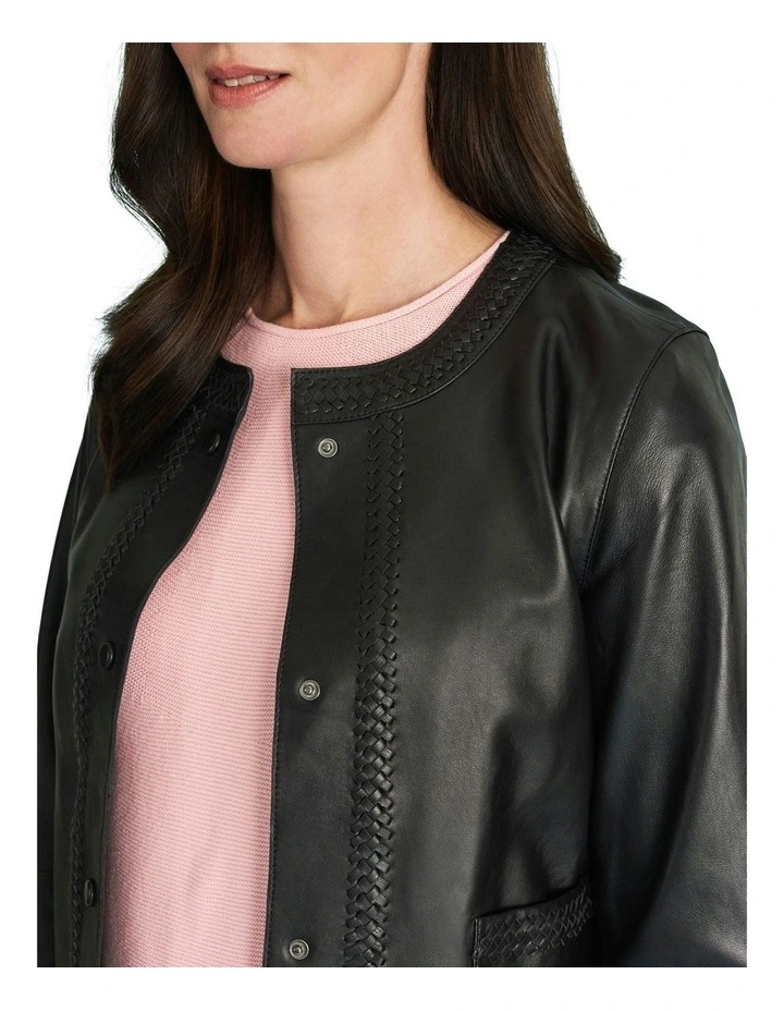 Braid Detail Leather Jacket in Black image 5