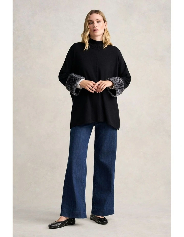 Leopard Faux Fur Trim Poncho in Black Leopard image 1