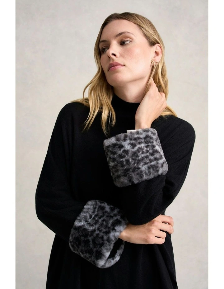 Leopard Faux Fur Trim Poncho in Black Leopard image 2