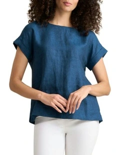 Linen Button Back Top in Navy Delave