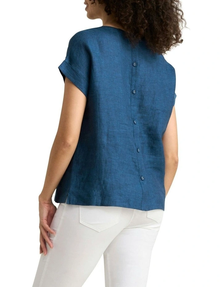 Linen Button Back Top in Navy Delave image 2