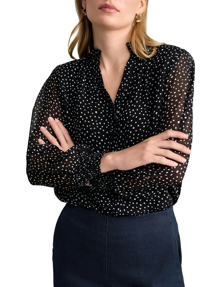 Shirred Georgette Blouse in Black image 1