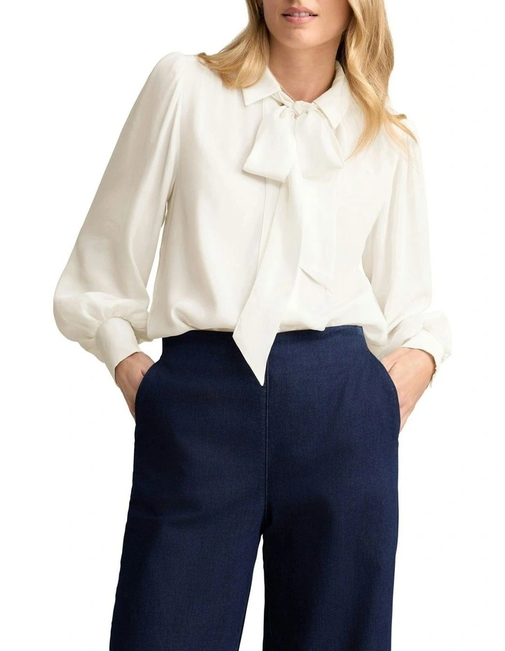 Silk Blend Shirt With Tie in Cream image 1