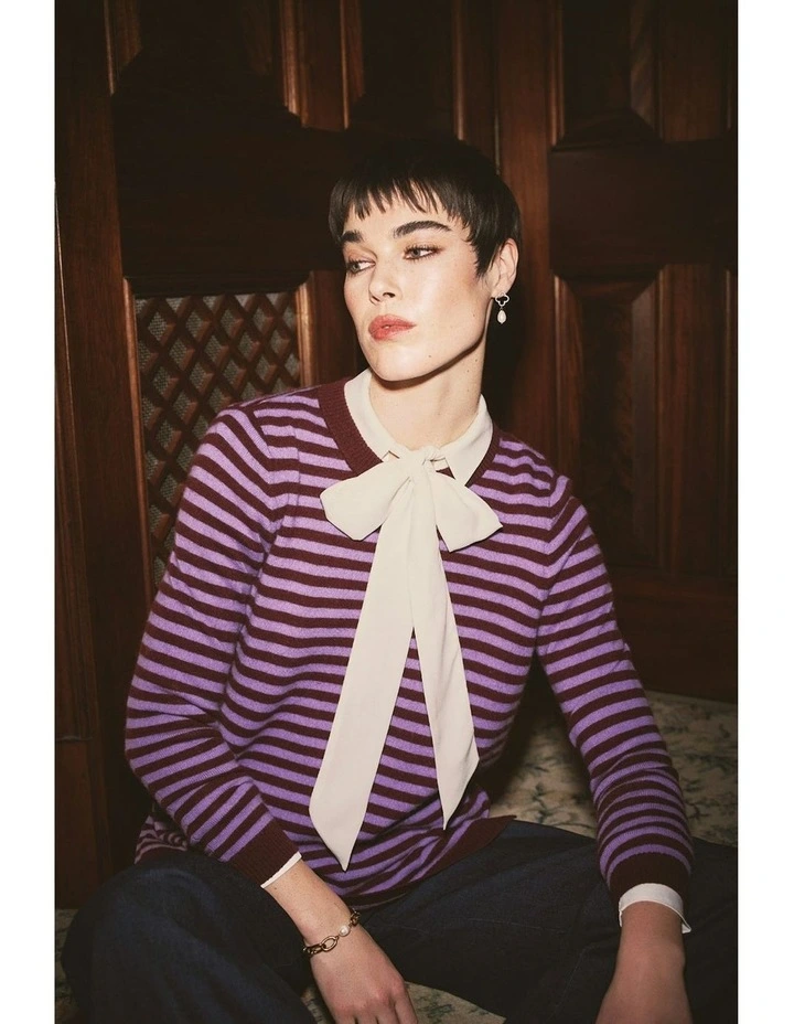 Cashmere Blend Crew Neck Jumper in Violet Stripe image 2