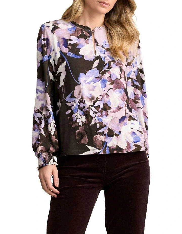 Frill Floral Print Collar Top in Multi image 1
