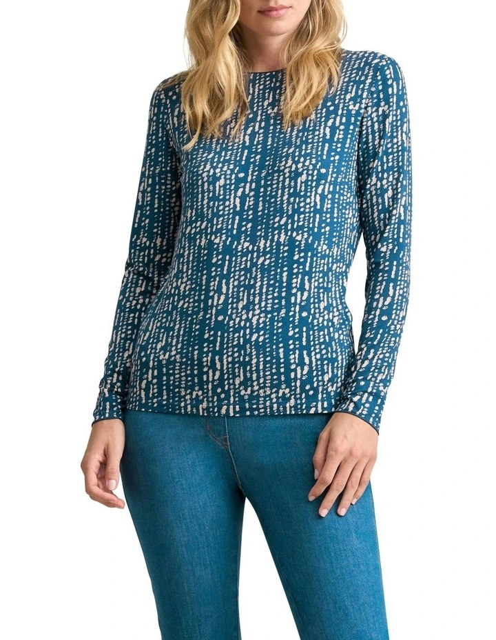 Long Sleeve Crew Neck Top in Linear Dot Print image 1