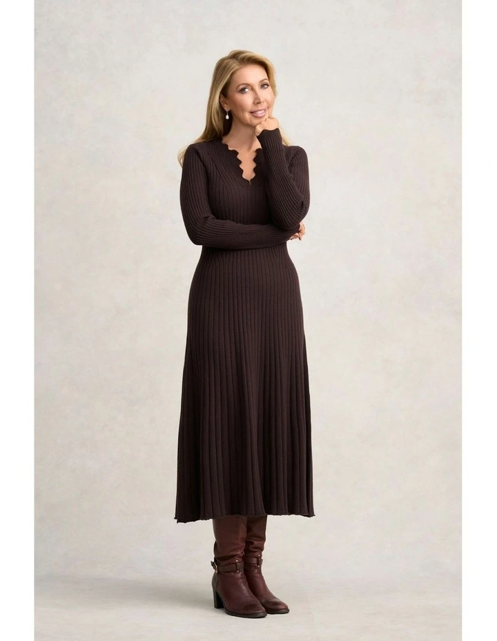 Graduated Rib Wool Dress in Chocolate image 1