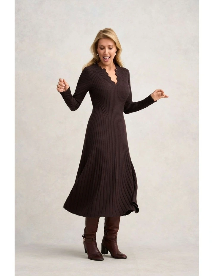Graduated Rib Wool Dress in Chocolate image 3