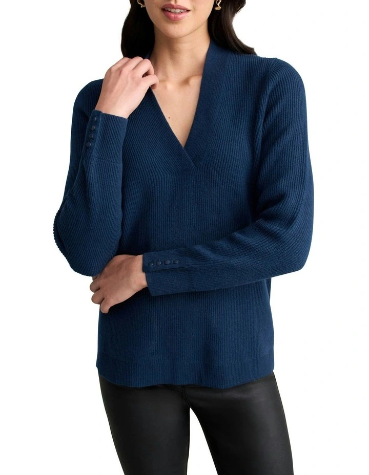 Ribbed V-Neck Wool Jumper in Midnight Blue image 1
